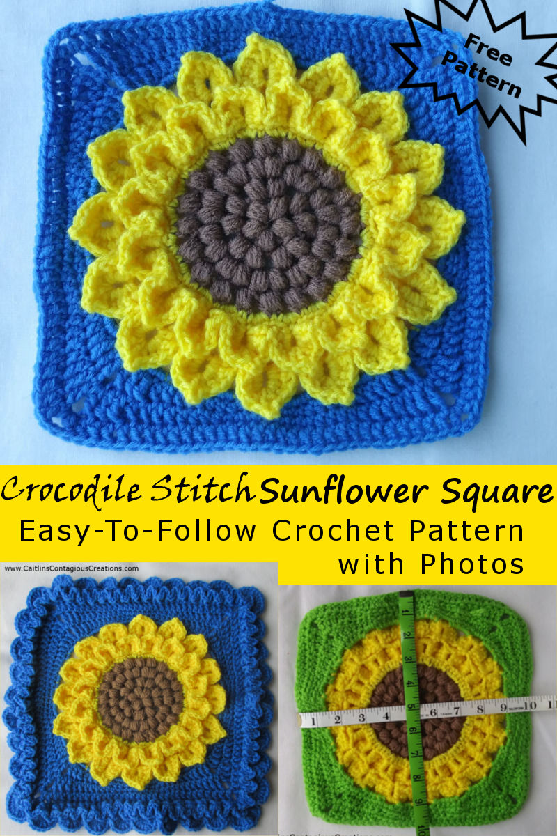 Make your own sunflower square crochet pattern using the versatile crocodile stitch. This quick and easy crochet pattern with lots of photos! A great way for beginners to challenge themselves! Happy Hookin' | Caitlin's Contagious Creations