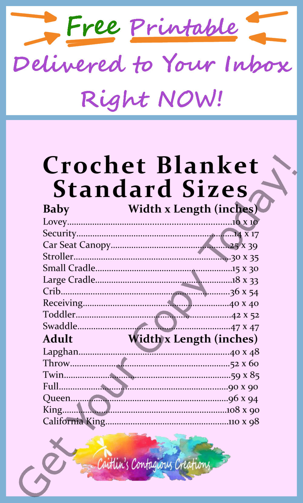 Free Crochet Blanket Standard Size Quick Guide in a printable PDF format. Great cheat sheet for crocheters of all skill levels!