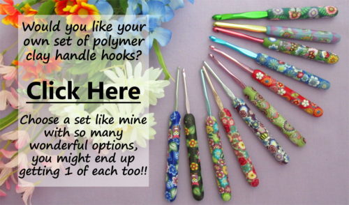 full set of susan bates polymer clay handle aluminum crochet hooks with multi-colored flowers and text overlay